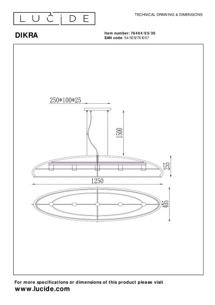 Lucide DIKRA - Pendant light - 5xE27 - Black - technical